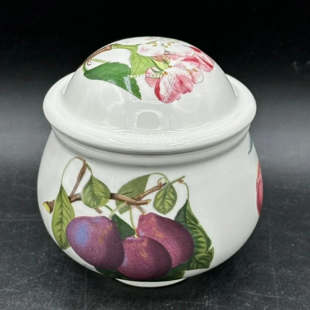 Vintage Portmeirion Pomona Sugar Bowl Lidded Jar White Fruit Floral Cottage Boho